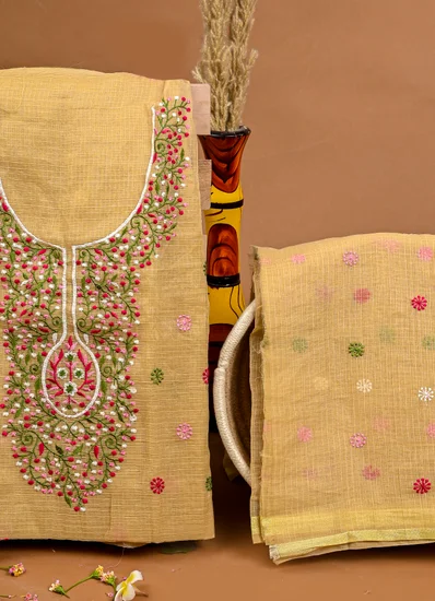 Beige Multicolor Embroidered Cotton Salwar Suit