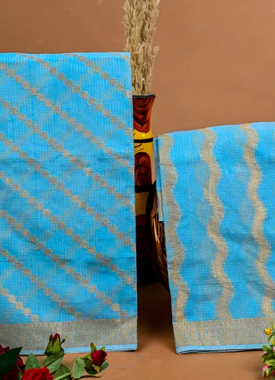 Blue Kota Doria Unstitched Suit With Zari