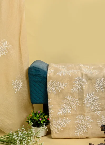 Elegant Beige Leaf Chikankari Kota Doria Suit