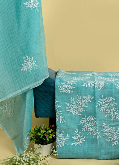 Elegant Blue Leaf Chikankari Kota Doria Suit