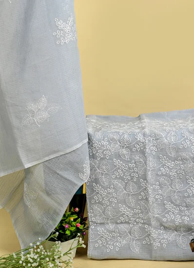 Elegant Grey Chikankari Kota Doria Suit