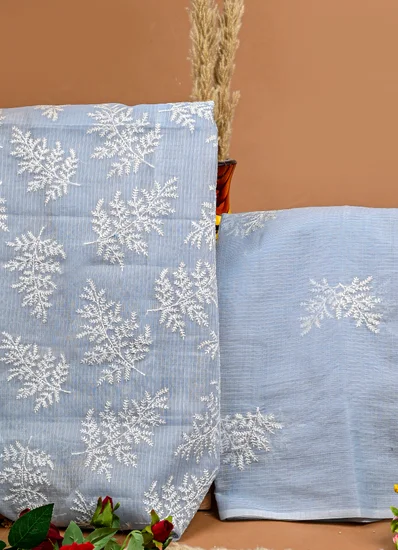 Elegant Grey Leaf Chikankari Kota Doria Suit
