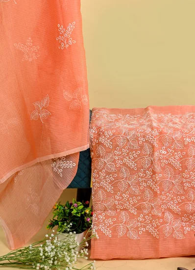 Elegant Orange Chikankari Kota Doria Suit