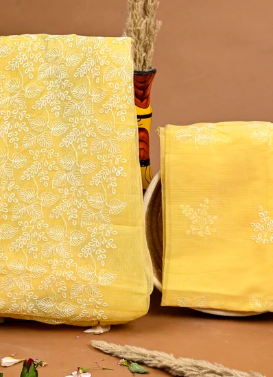 Elegant Yellow Chikankari Kota Doria Suit