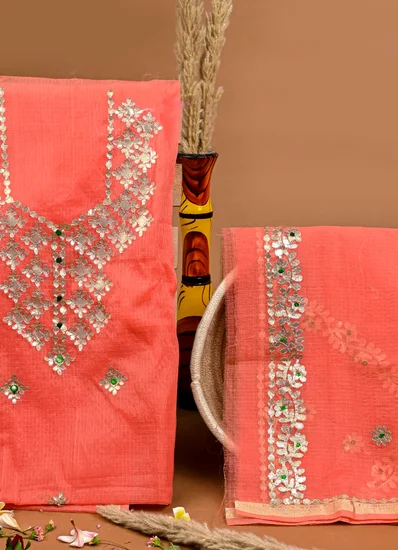 Festive Orange Gota Patti Cotton Suit