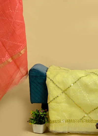 Pastel Yellow Leheriya Suit Set With Gota Patti Work