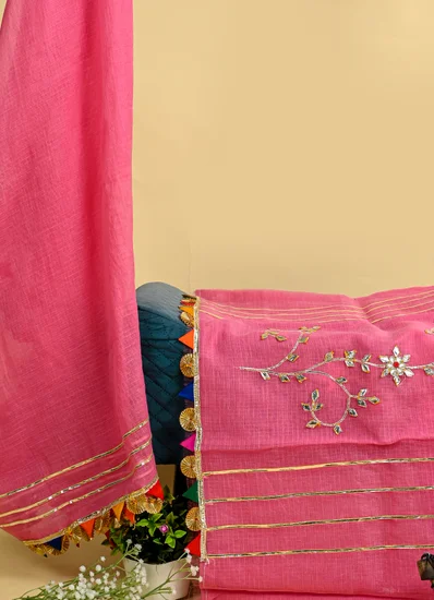 Pink Kota Doria Cotton Gota Patti Suit