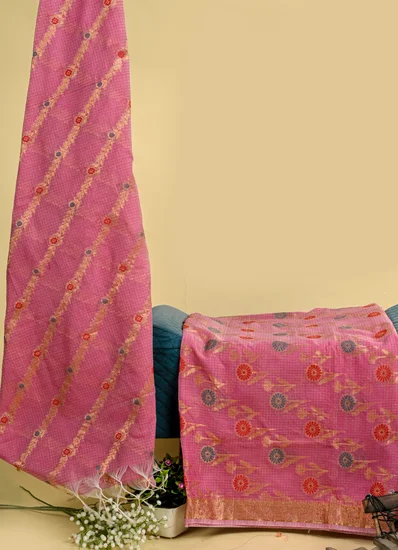 Pink Zari Embellished Kota Doria Suit