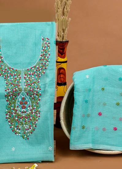 Sky Blue Multicolor Embroidered Cotton Salwar Suit