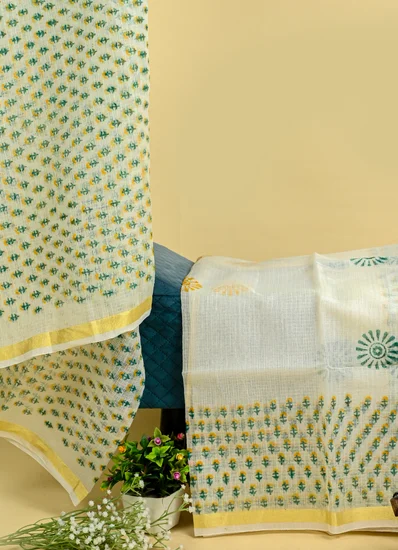 White and Green Handblock Golden Border Kota Doria Suit