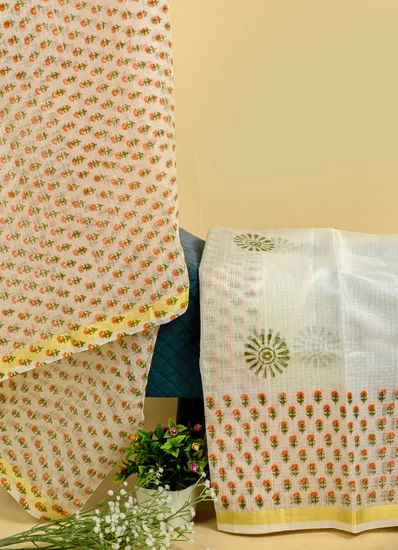 White and Yellow Handblock Golden Border Kota Doria Suit