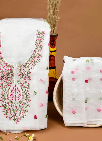 White Multicolor Embroidered Cotton Salwar Suit