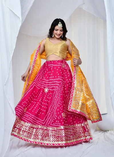 Pink Yellow Bandhej Kota Doria Lehenga