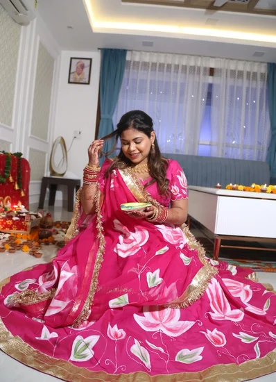 Rani Pink Handpainted Chanderi Lehenga with Georgette Dupatta