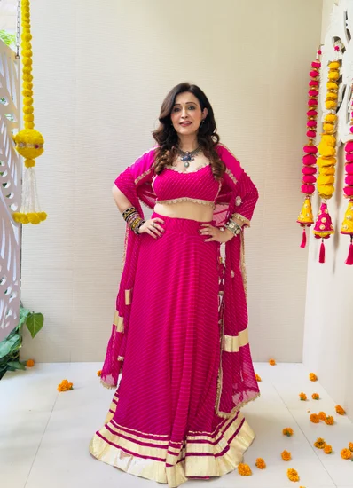 Rani Pink Leheriya Lehenga with Gota Patti Work