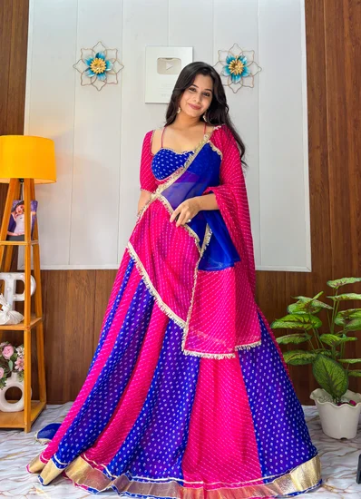 Royal Blue & Rani Pink Dual Leheriya Bandhej Lehenga