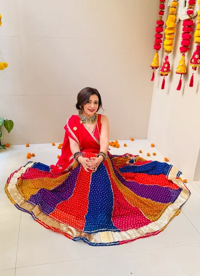 Vibrant Multicolour Rajasthani Bandhej Lehenga with Gota Patti Detailing