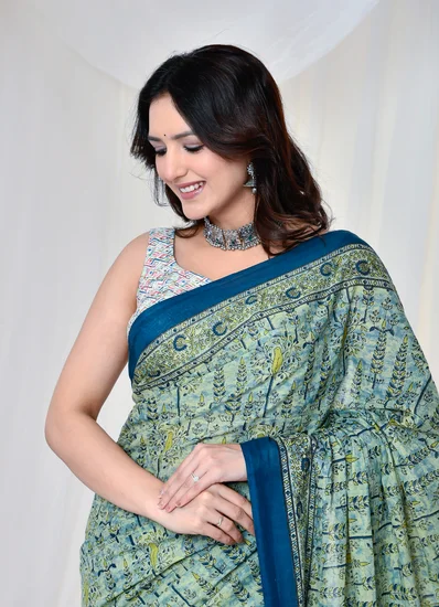 Aqua Blue Bagru India Designer Saree