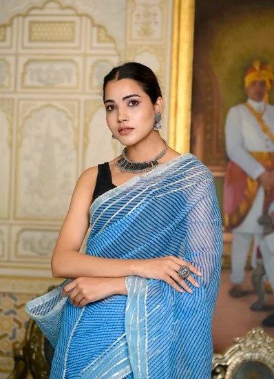 Blue Kota Doria Leheriya Saree with Gota Patti