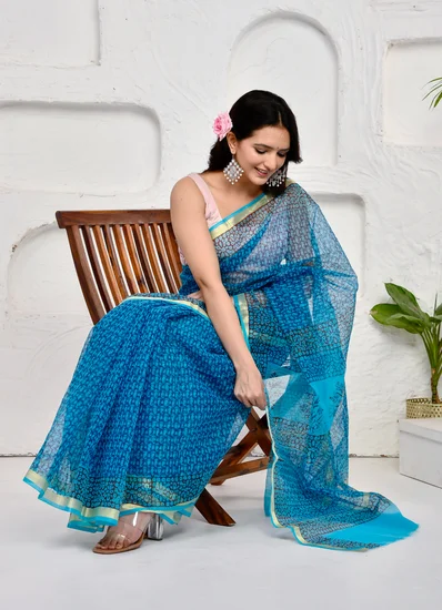 Golden Border Blue Kota Doria Saree