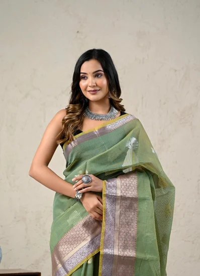 Green Silver Zari Kota Doria Saree