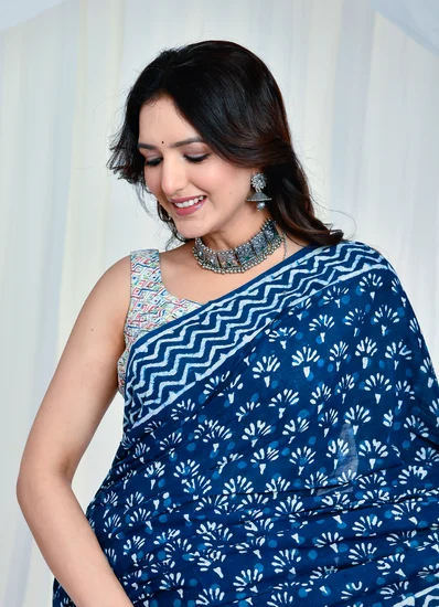 Indigo Mist Bagru Mulmul Saree