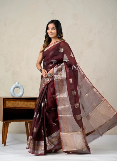 Maroon Silver Zari Kota Doria Saree