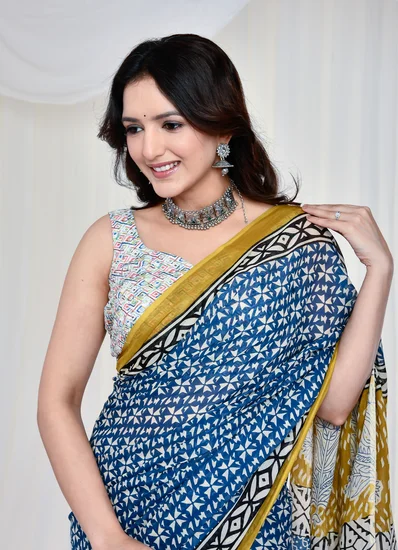 Mustard And Blue Handblock Printed Sarees