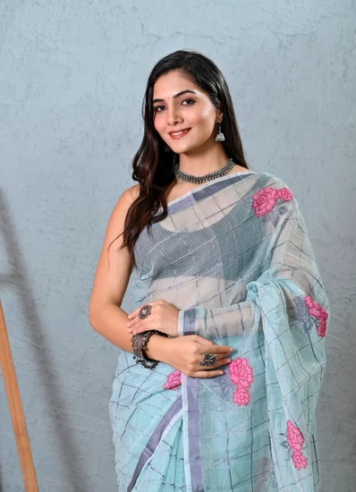 Pastel Blue Checks Cotton Kota Doria Saree