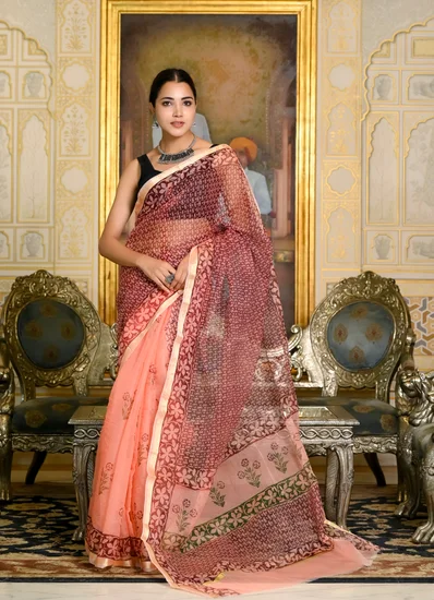 Peach Block Printed Kota Doria Saree peach block printed kota doria saree main