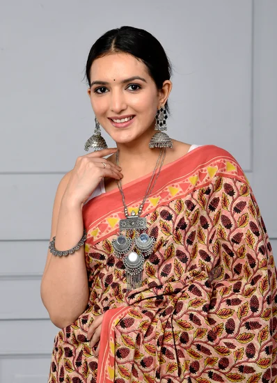Peach Handblock Mulmul Cotton Saree