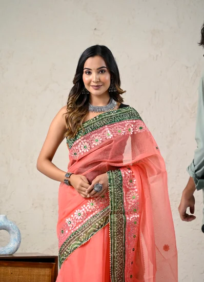 Peach Saree with Green Bandhani Border peach gota patti kota doria saree