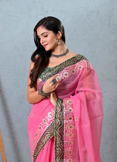 Pink Kota Doria Bandhani Saree with Gota Patti
