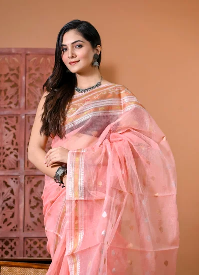 Pink Silver Gold Zari Kota Doria Saree