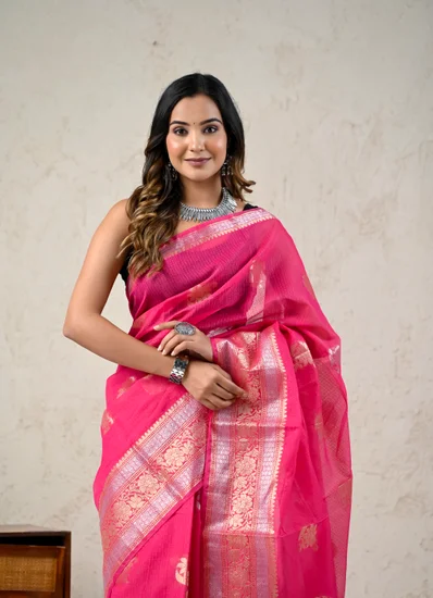 Pink Silver Zari Kota Doria Saree womens silk sarees pink zari