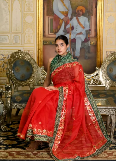 Red Saree with Green Bandhani Border