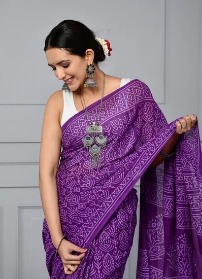 Royal Violet Bagru Cotton Saree
