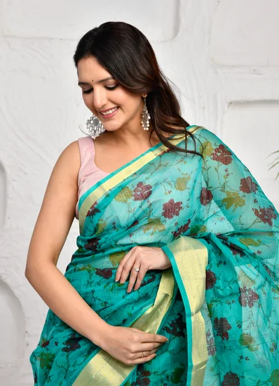 Turquoise Golden Border Kota Saree