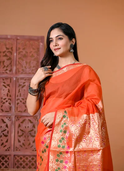 Vibrant Orange Zari Border Saree vibrant orange zari border saree