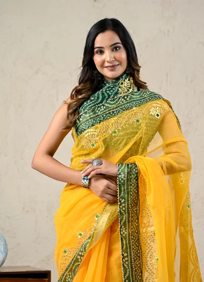 Yellow Saree with Green Bandhani Border yellow gota patti kota doria saree