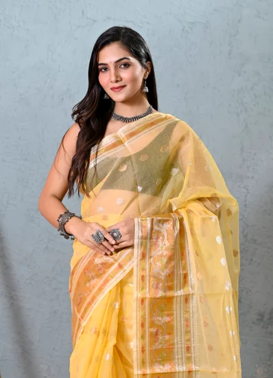 Yellow Silver Gold Zari Kota Doria Saree