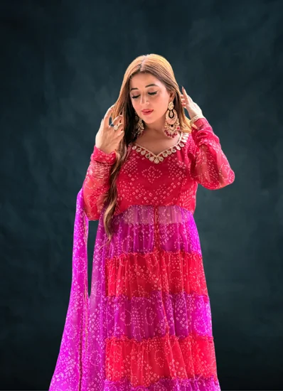 Dual Shade Purple and Red Bandhani Anarkali Set