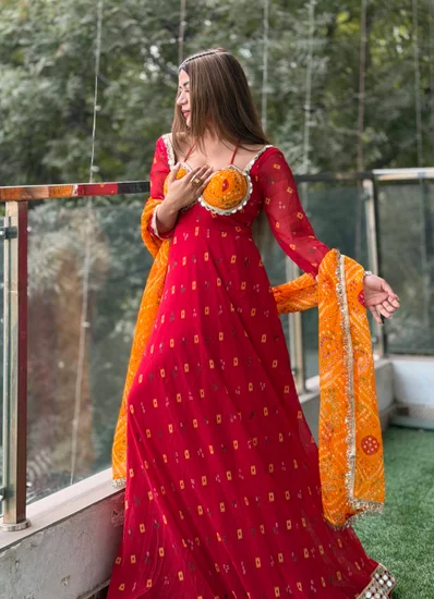 Red Bandhani Mirror Work Anarkali